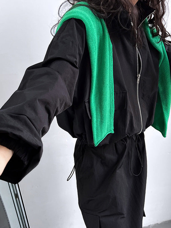 Solid Color Zipper Long Sleeves Loose Drawstring Elasticity Pockets Stand Collar Jacket Top + Split-Back Skirts Bottom Two Pieces Set