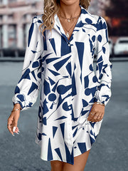 Printed Split-Joint Loose Puff Sleeves Lapel Shirt Dress Mini Dresses