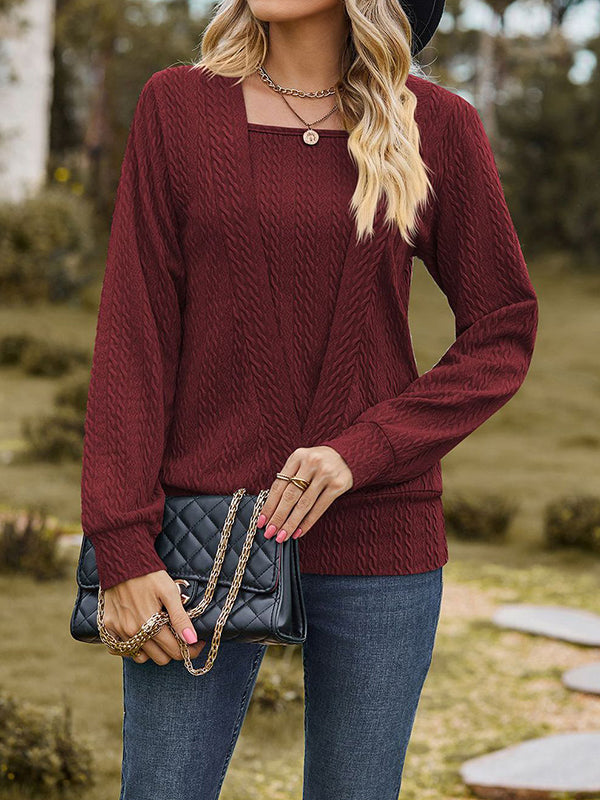 Colorful Solid Color Long Sleeves Loose Square-neck T-Shirts Tops