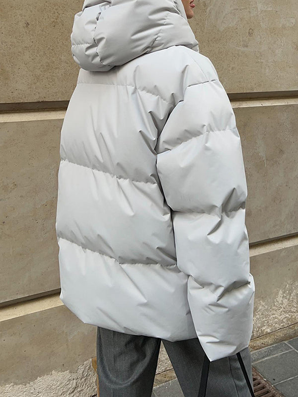 Long Sleeves Loose Solid Color Split-Joint Hooded Padded Coat