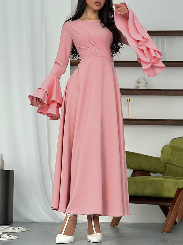 Pleated Solid Color A-Line Flared Sleeves Round-Neck Midi Dresses