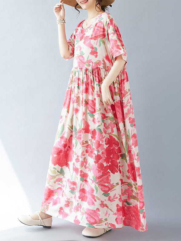 Flower Print Pleated Split-Joint A-line Batwing Sleeves Round-neck Midi Dresses