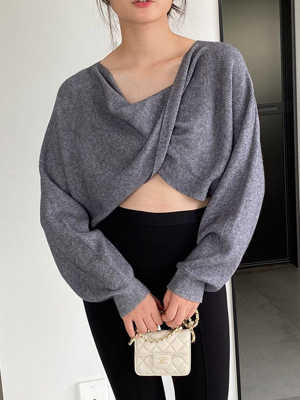 Knot Solid Color Batwing Sleeves Long Sleeves V-Neck Sweater Tops Pullovers