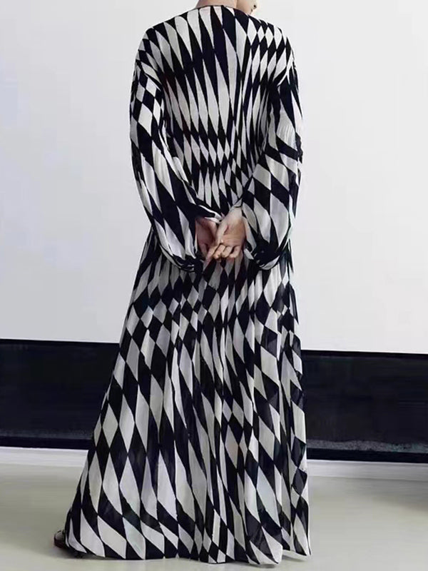 Long Sleeves Loose Diamond-Patterned Round-neck Maxi Dresses