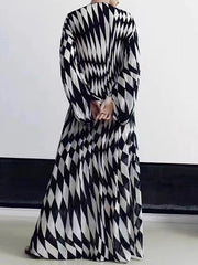 Long Sleeves Loose Diamond-Patterned Round-neck Maxi Dresses