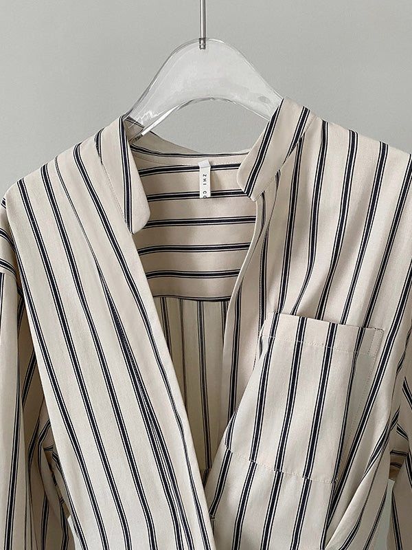 Original Creation Loose Long Sleeves Striped V-Neck Blouses&Shirts Tops