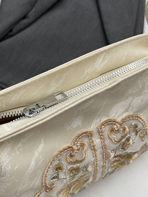 Embroidered Pleated Tasseled Zipper Crossbody Bags