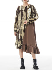 Asymmetric Contrast Color Ruffled Split-Joint Long Sleeves Loose Round-Neck Midi Dresses