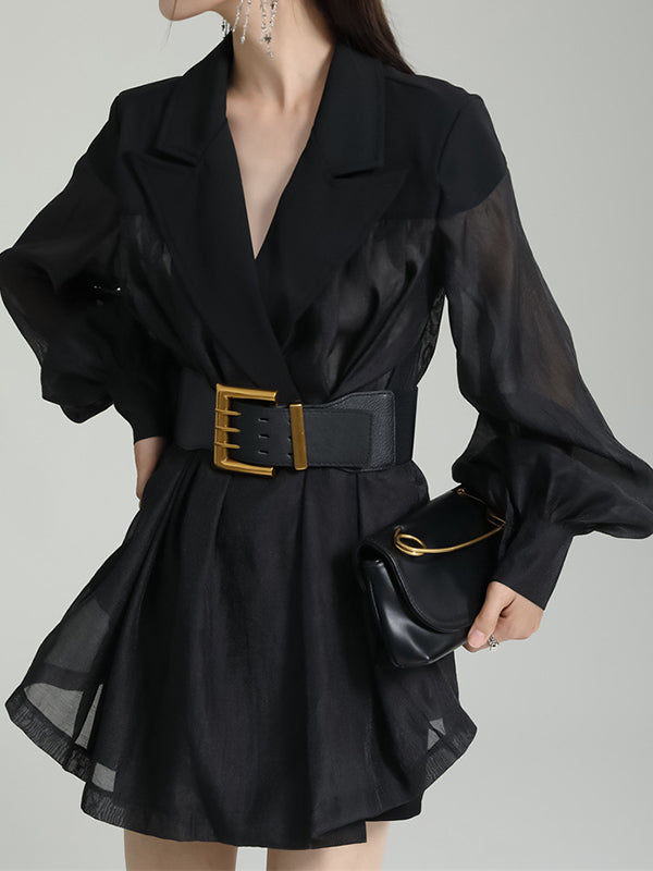 See-Through Split-Joint Tied Waist Loose Puff Sleeves Lapel Blouses&Shirts Tops