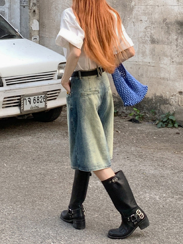 Gradient Split-Joint High Waisted Loose Shorts Half Pants Denim Shorts