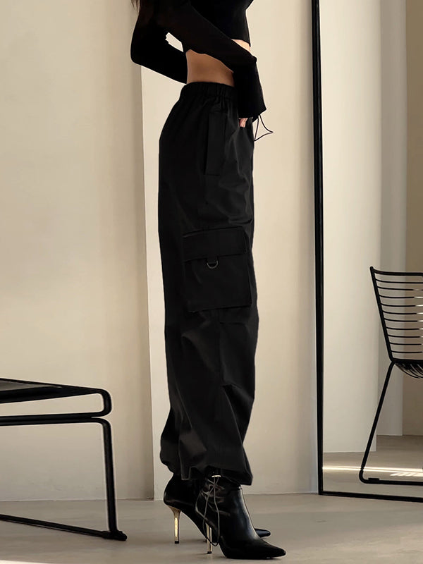 Drawstring Elasticity Pockets Split-Joint High Waisted Loose Trousers Pants