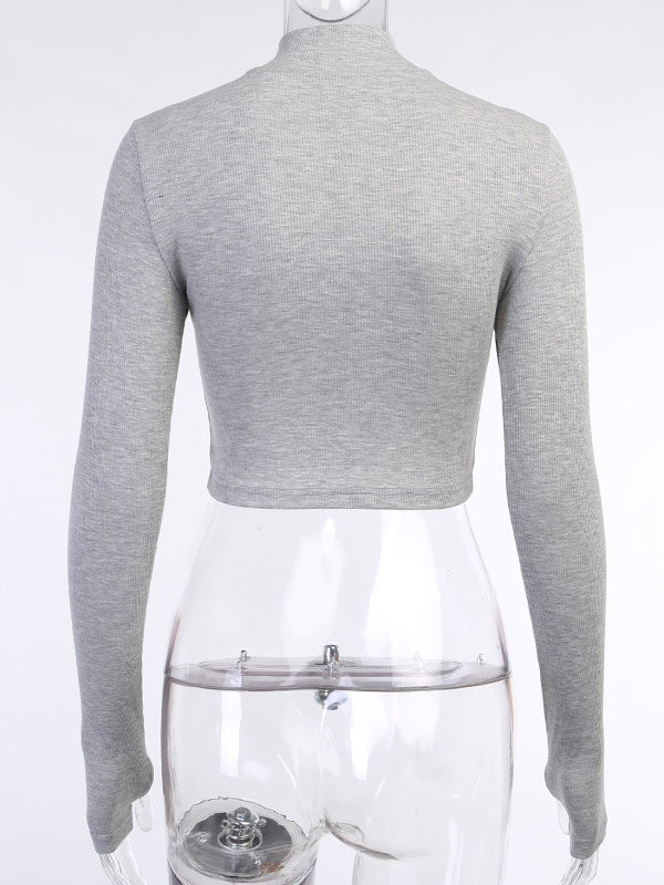 Hollow Solid Color Zipper Long Sleeves Skinny Deep V-Neck T-Shirts Tops