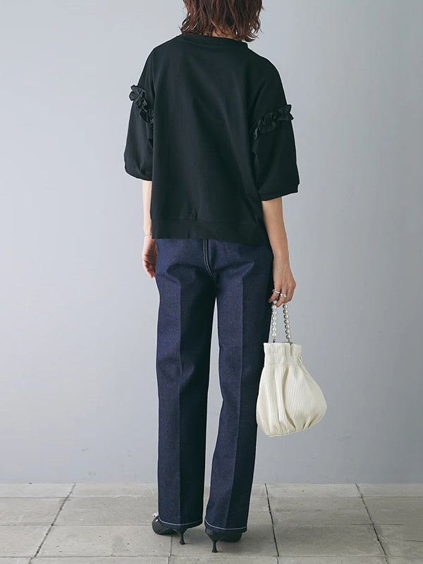 Beaded Ruffled Solid Color Half Sleeves Round-Neck T-Shirts Tops&Pants Two Pieces Set