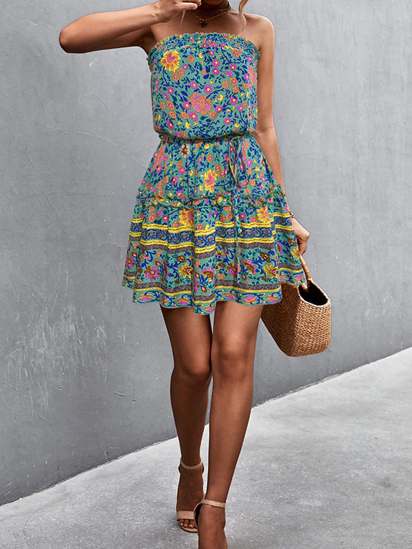 Elasticity Flower Print Ruffle Trim Tied Waist A-Line High Waisted Tube Mini Dresses