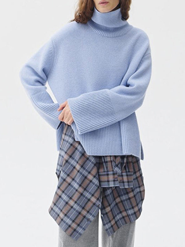 Pleated Solid Color Split-Side Long Sleeves Loose High Neck Sweater Tops