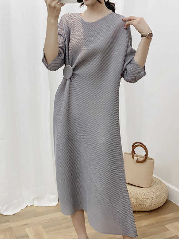 Pleated Solid Color Half Sleeves Irregular Clipping Round-Neck Midi Dresses