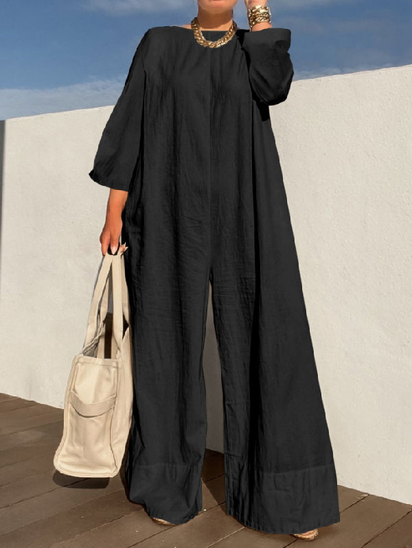 Long Sleeves Loose Solid Color Jumpsuits