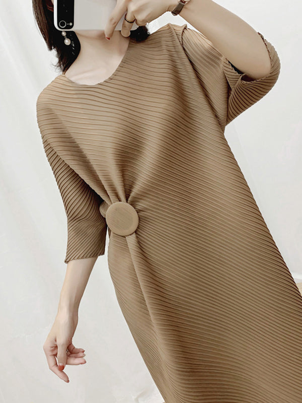 Pleated Solid Color Half Sleeves Irregular Clipping Round-Neck Midi Dresses