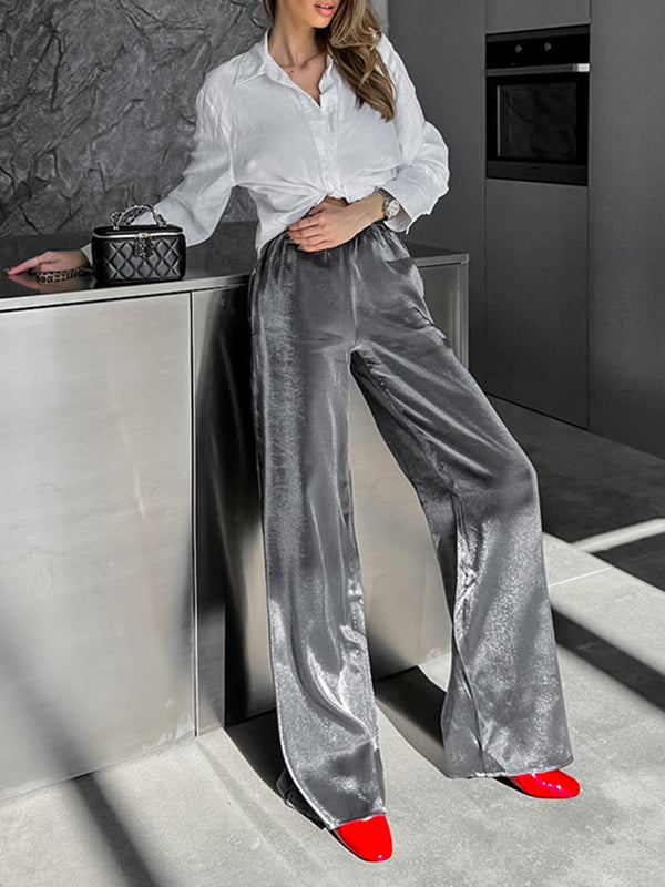 Elasticity Shiny Solid Color Split-Joint High Waisted Loose Trousers Pants