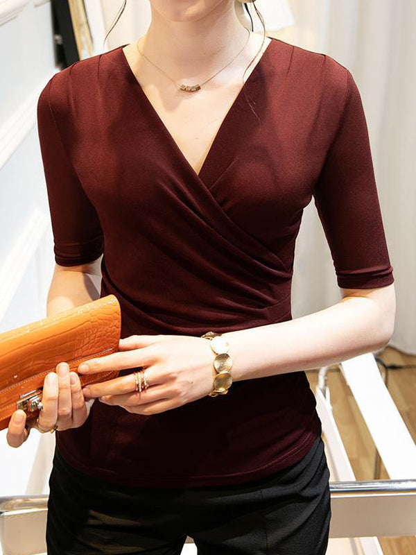 Pleated Solid Color Half Sleeves Skinny V-Neck T-Shirts Tops