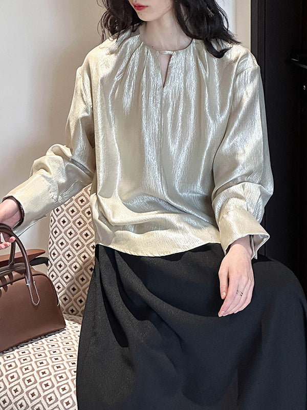 Hollow Shiny Solid Color Long Sleeves Loose Round-Neck Blouses&Shirts Tops