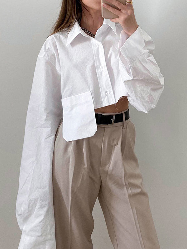 Asymmetric Buttoned Pockets Solid Color Split-Joint Long Sleeves Loose Lapel Blouses&Shirts Tops