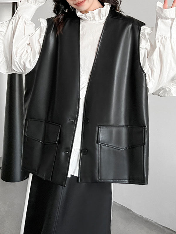 Buttoned Ruffled Solid Color Long Sleeves Loose Stand Collar Blouses&Shirts Tops