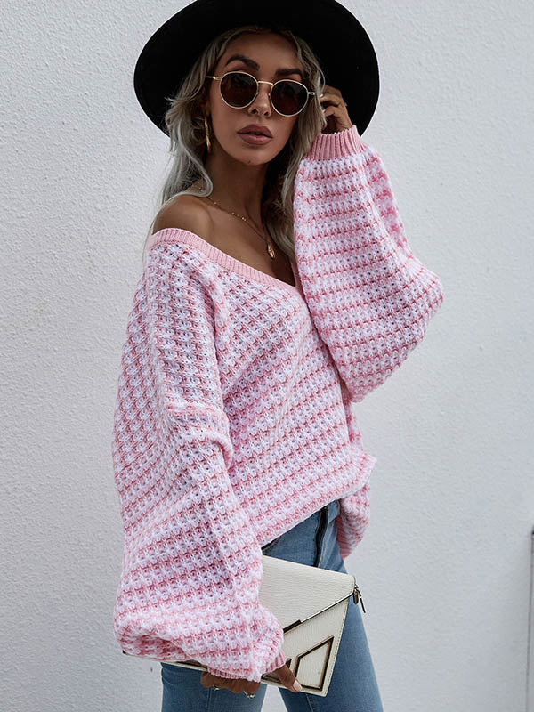 Original Loose Striped 8 Colors V-Neck Long Sleeves Sweater Top