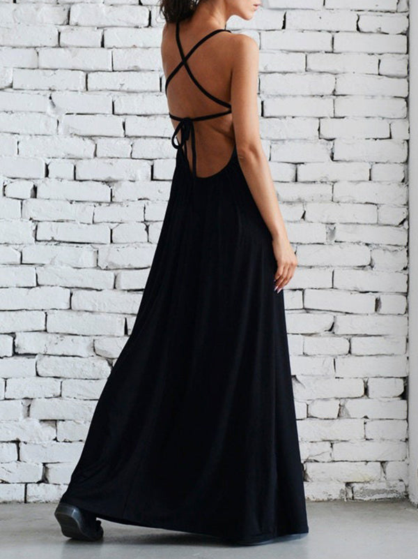 Loose Sleeveless Backless Solid Color Spaghetti-Neck Maxi Dresses