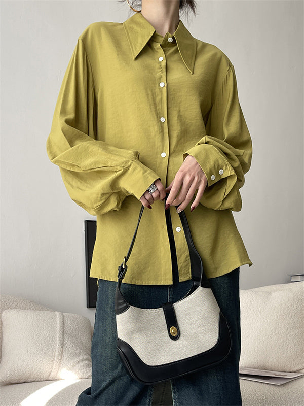 Pleated Split-Joint Sun protection Loose Puff Sleeves Lapel Blouses