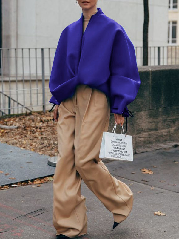 Asymmetric Split-Joint Zipper Loose Puff Sleeves Stand Collar Outerwear