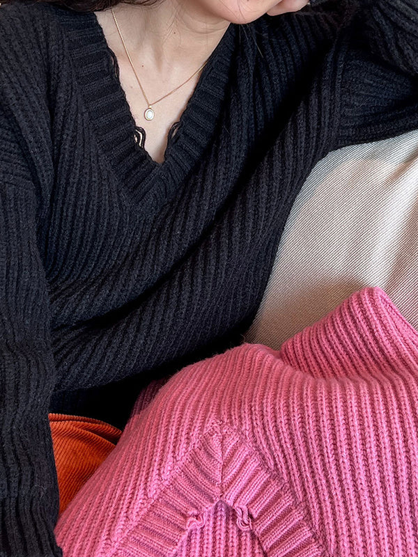 Hollow Solid Color Long Sleeves Loose V-Neck Sweater Tops Pullovers