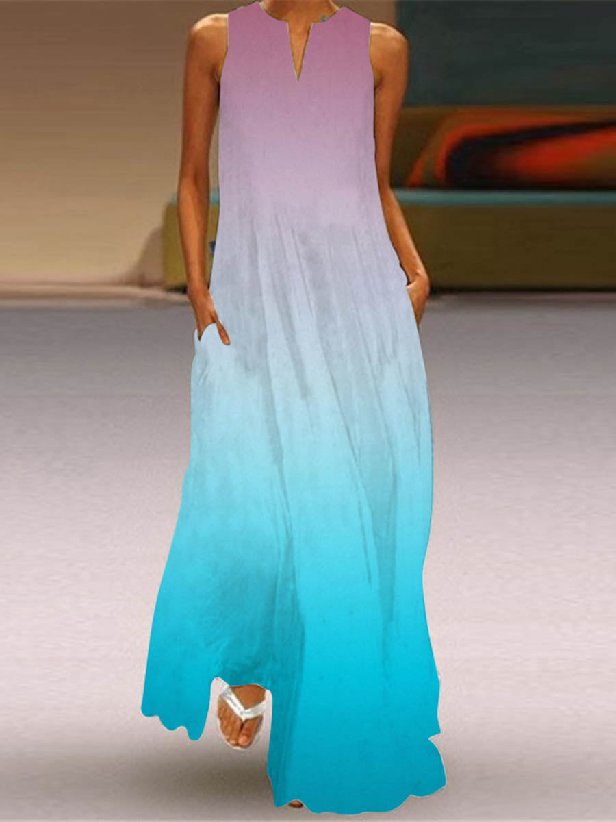 Contrast Color Pockets Printed Split-Joint A-Line Loose V-Neck Maxi Dresses