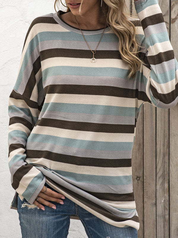 Split-side Striped Long Sleeves Loose Round-neck Sweatshirt Tops