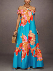 A-Line Loose Elasticity Flower Print Pleated Split-Joint Off-The-Shoulder Maxi Dresses