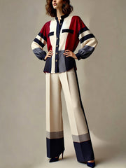 Buttoned Contrast Color Split-Joint Long Sleeves Loose Stand Collar Blouses&Shirts Tops