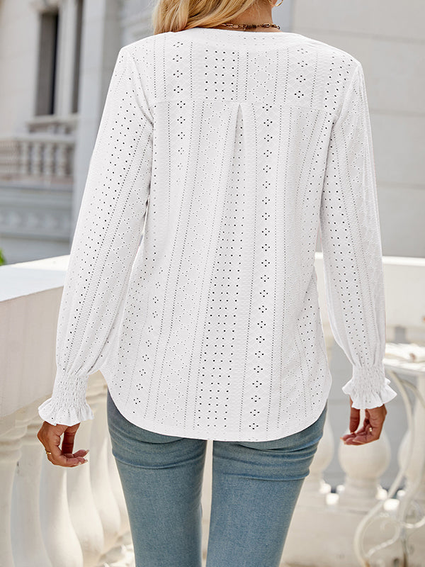 Elasticity Hollow Solid Color Long Sleeves Loose V-neck T-Shirts Tops