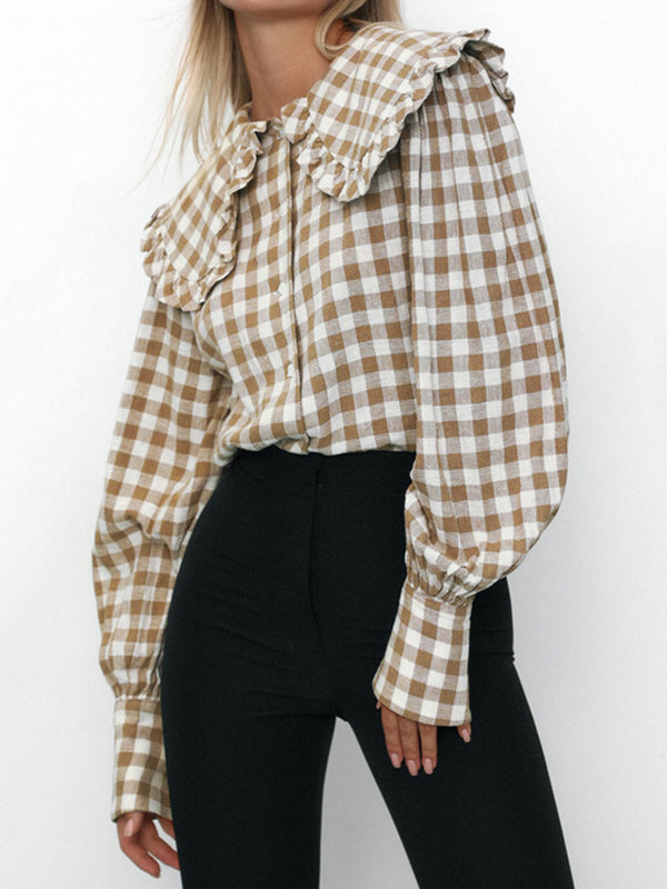 Plaid Long Sleeves Loose Peter Pan Collar Blouses&Shirts Tops