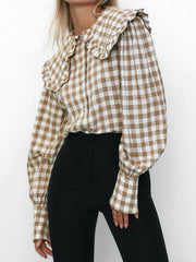 Plaid Long Sleeves Loose Peter Pan Collar Blouses&Shirts Tops
