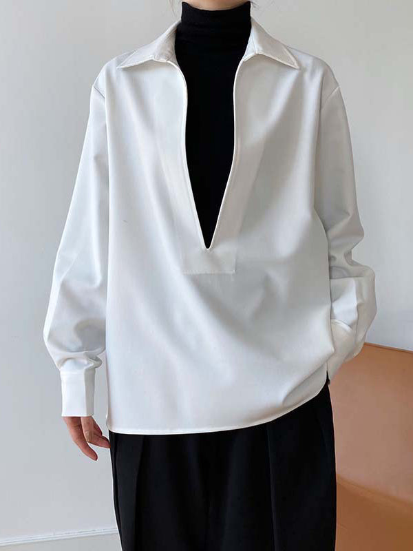 Solid Color Long Sleeves Loose Lapel Blouses