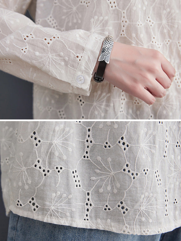 Loose 3 Colors Embroidered Hollow Lapel Collar Long Sleeves T-Shirt