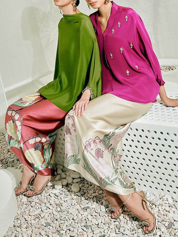Rhine Stones Solid Color Batwing Sleeves Long Sleeves Mock Neck T-Shirts Tops