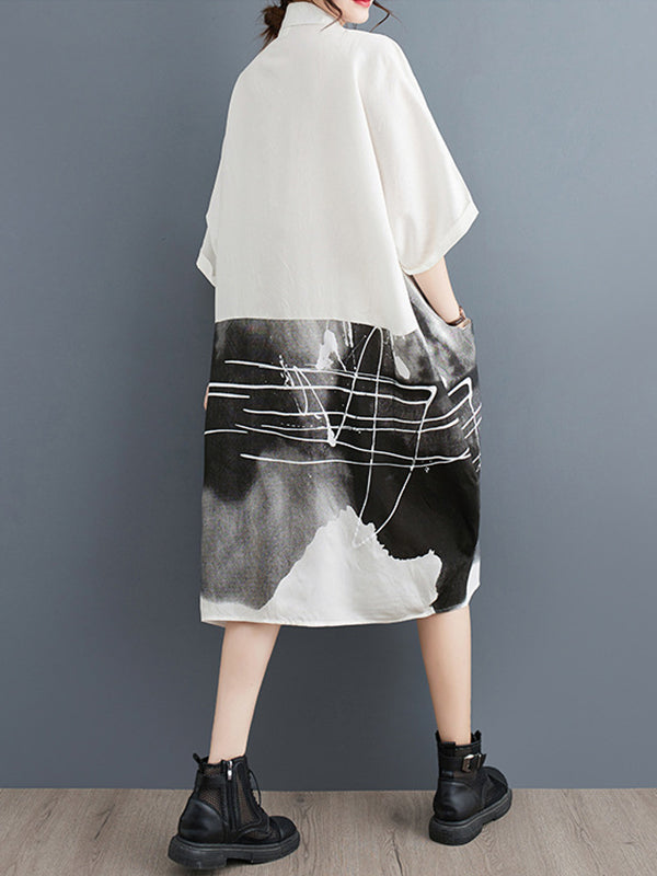 Printed Half Sleeves Loose Lapel Midi Dresses