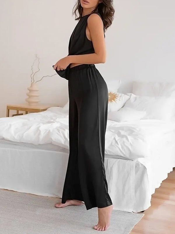 Round-Neck Loose Sleeveless Solid Color Split-Back Vest Top + Elasticity Pants Bottom Pajama Sets