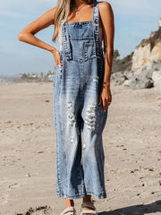 Hollow Pockets Split-Joint Loose Sleeveless Spaghetti-Neck Overalls
