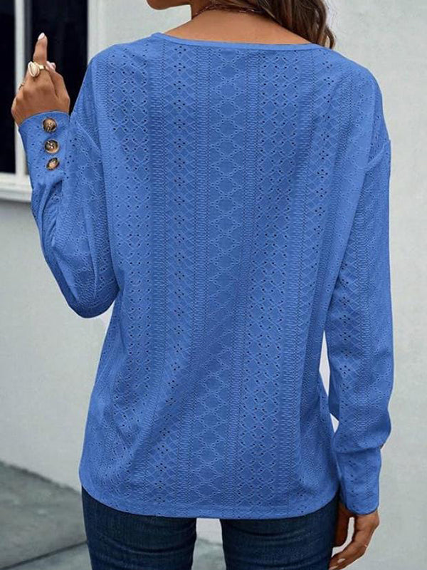 Buttoned Solid Color Long Sleeves Loose V-Neck T-Shirts Tops