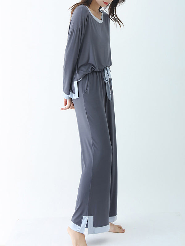 Contrast Color Long Sleeves Loose Round-neck Two Pieces Pajama Set