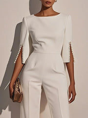 Loose Solid Color Split-Joint Round-Neck Jumpsuits
