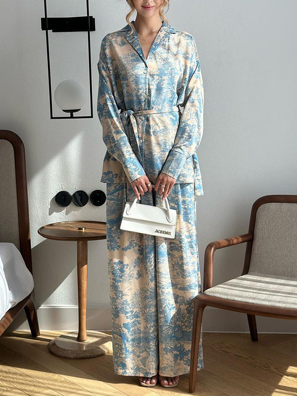 Printed Long Sleeves Buttoned Tied Waist Notched Collar Shirts Top + High Waisted Pants Bottom Two Pieces Set