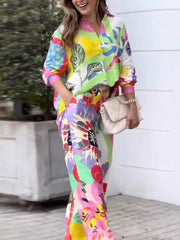 Contrast Color Printed Lapel Long Sleeves Buttoned Blouses Top+ High Waisted Pants Bottom Two Pieces Set